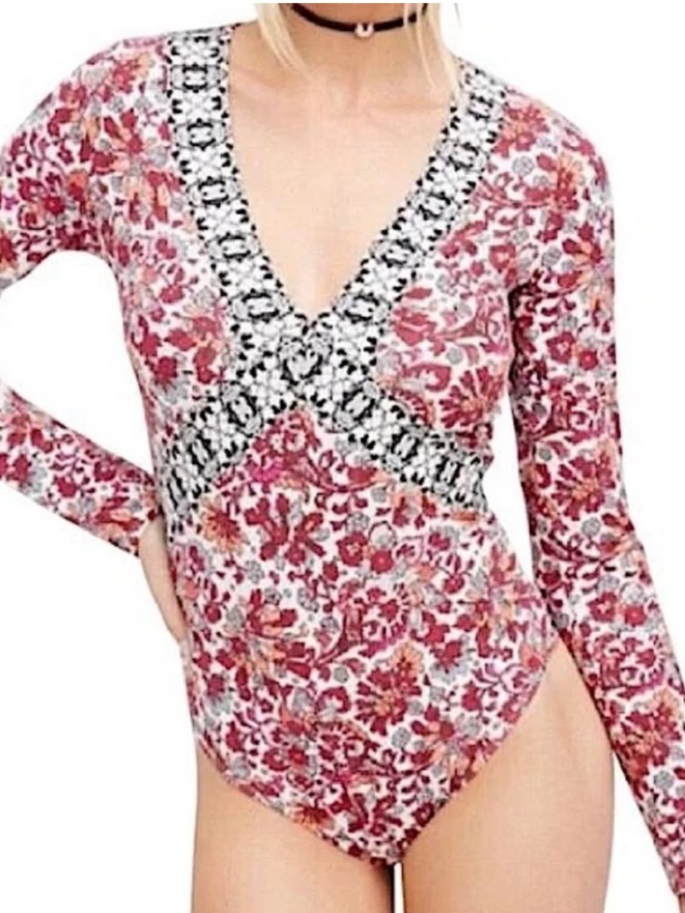Free People Intimately Nowhere To Be Floral Long Sleeve Bodysuit Boho Small